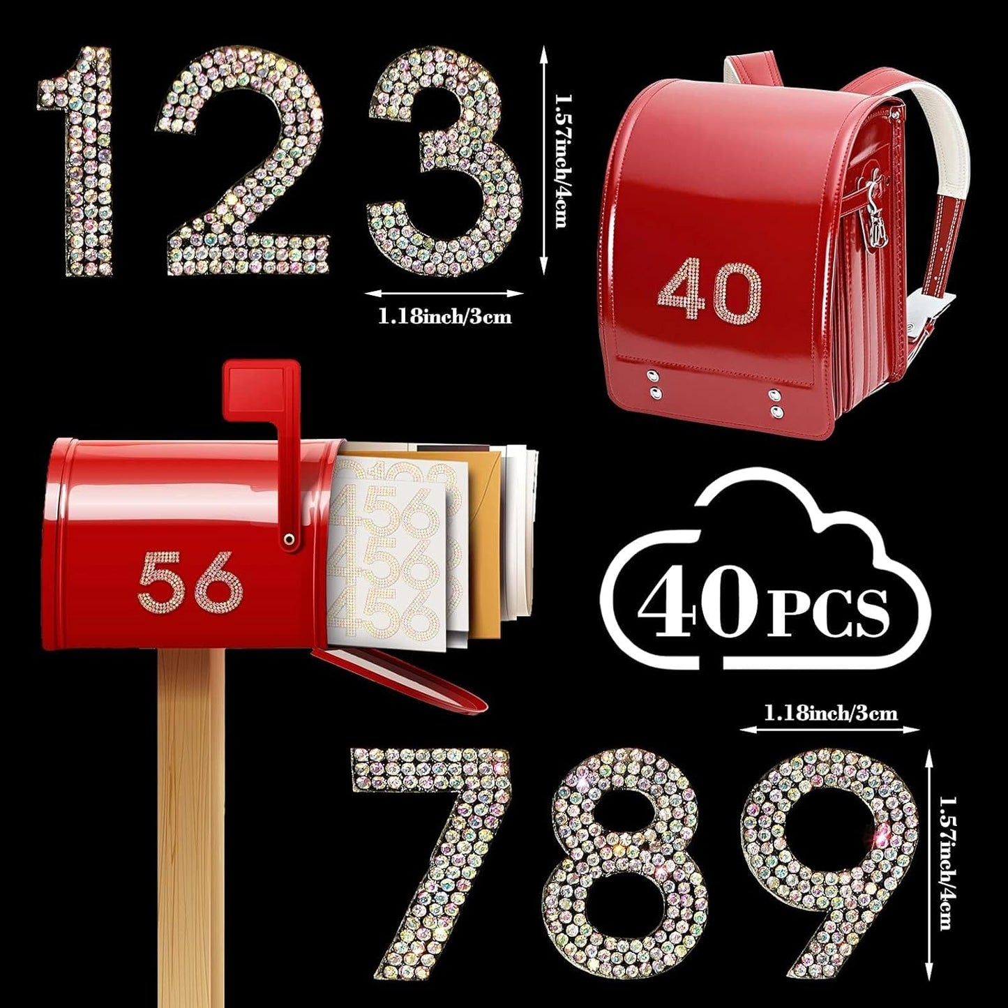 40Pcs Rhinestone Number Stickers 0-9 - Crystal AB (1.57")