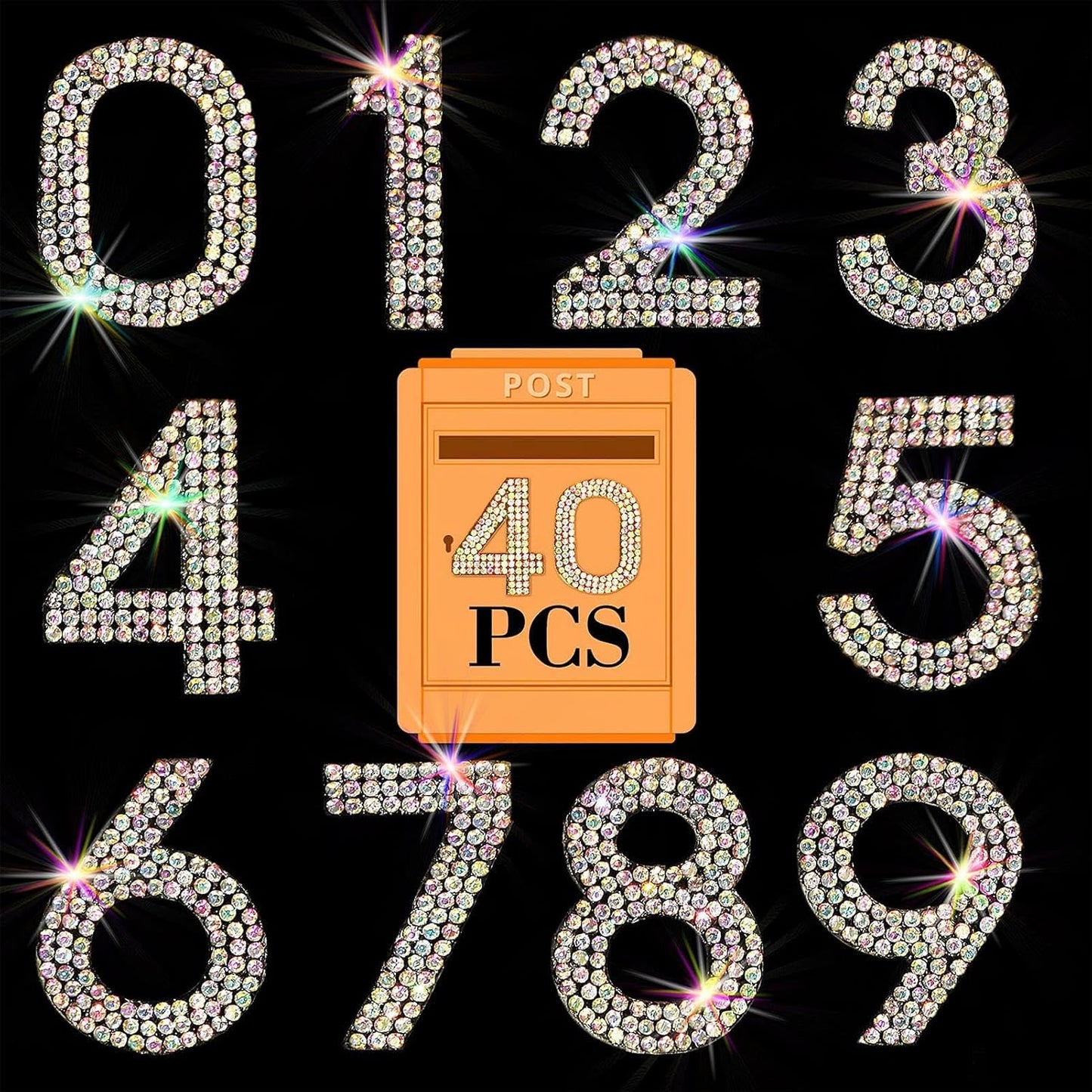 40Pcs Rhinestone Number Stickers 0-9 - Crystal AB (1.57")