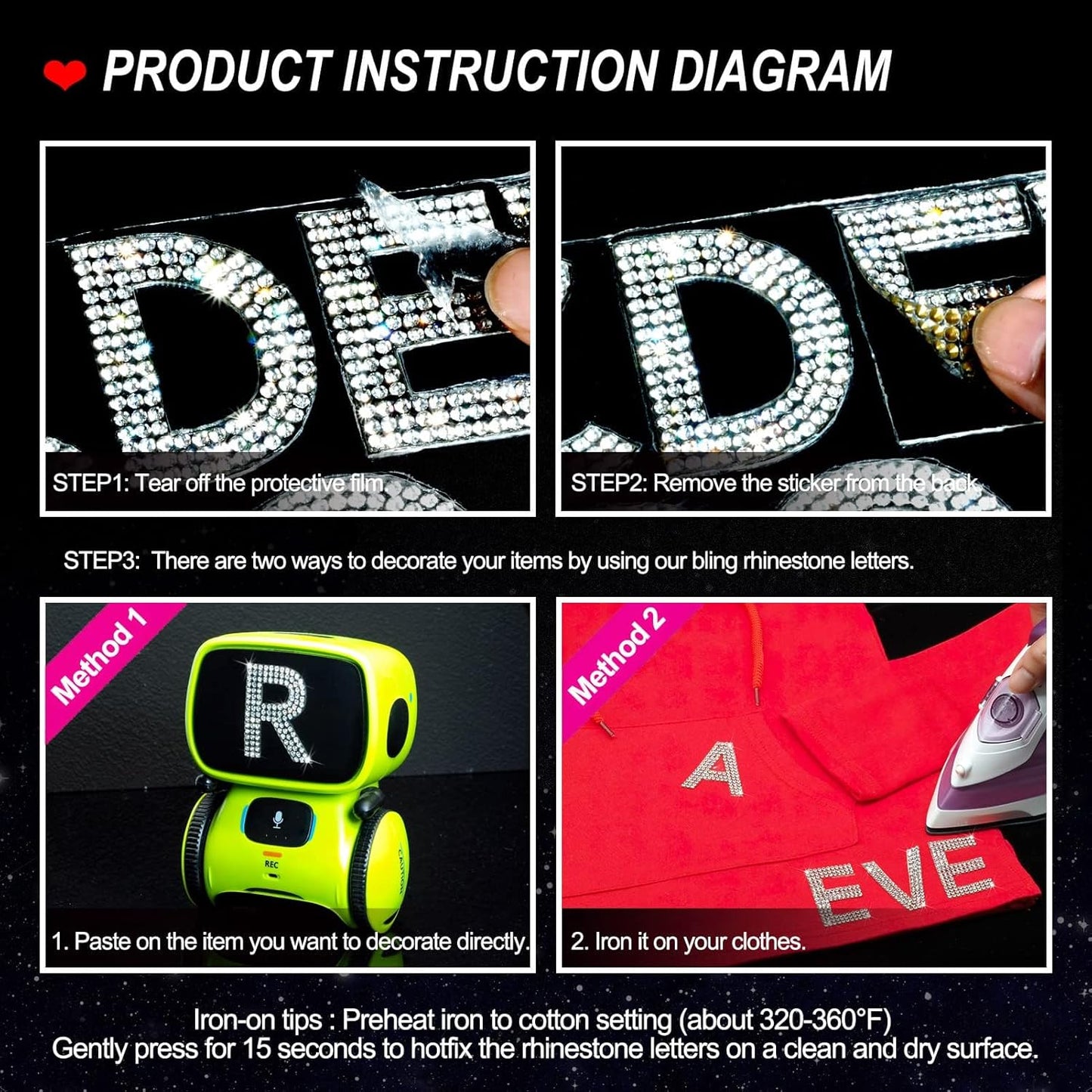 34Pcs Rhinestone Letter Stickers A-Z - White/Silver