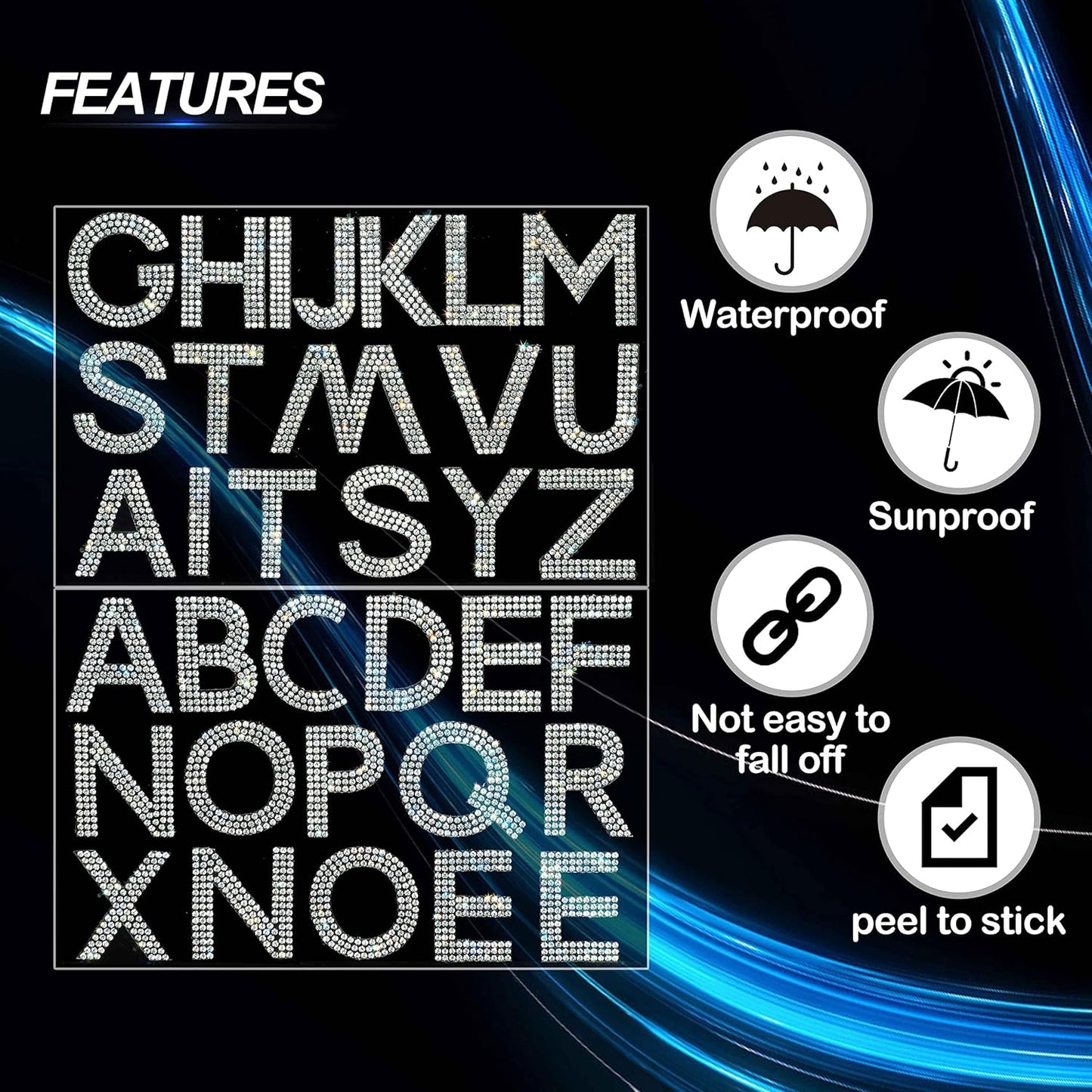 34Pcs Rhinestone Letter Stickers A-Z - White/Silver