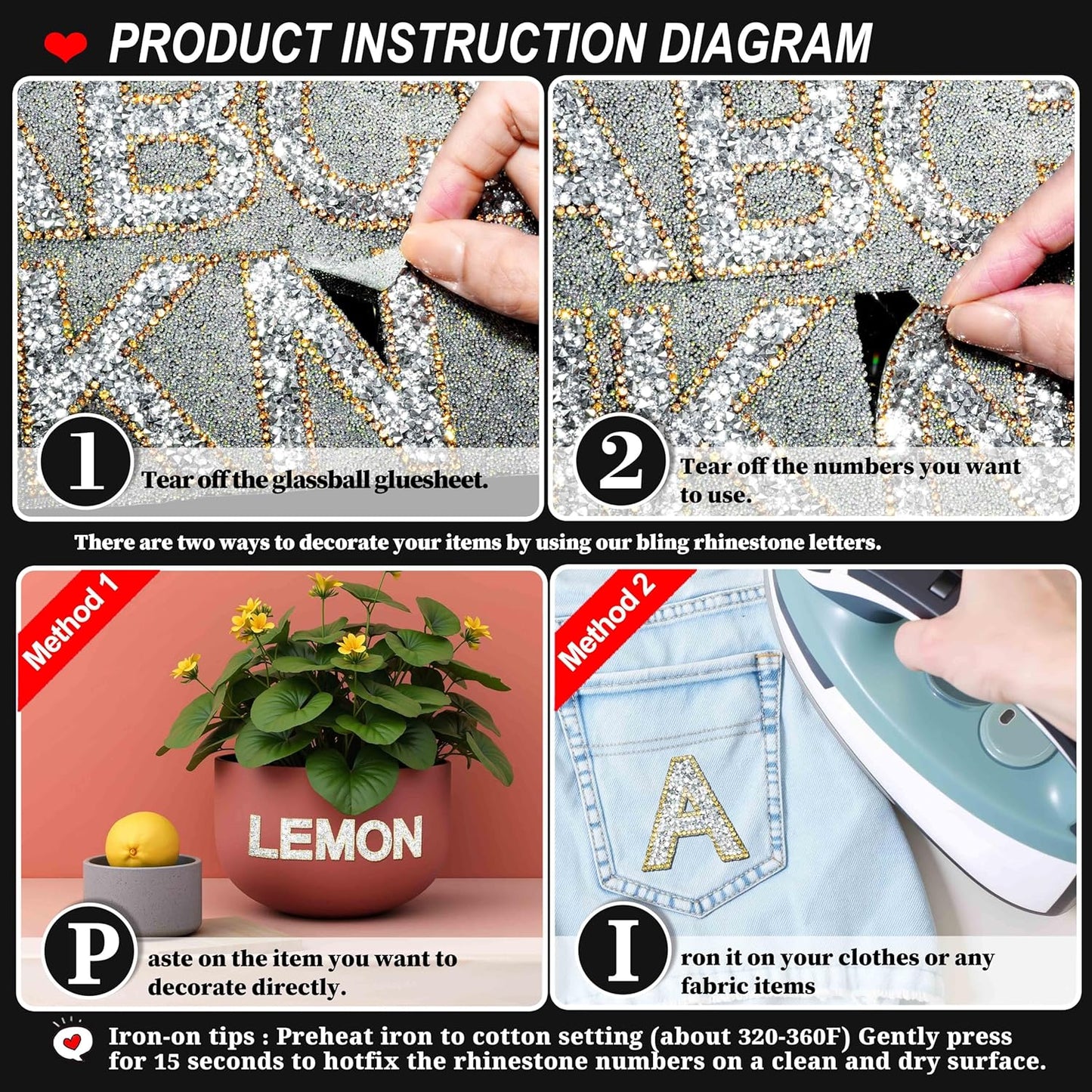 34Pcs Rhinestone Letter Stickers A-Z - Silver+Gold (2.24")