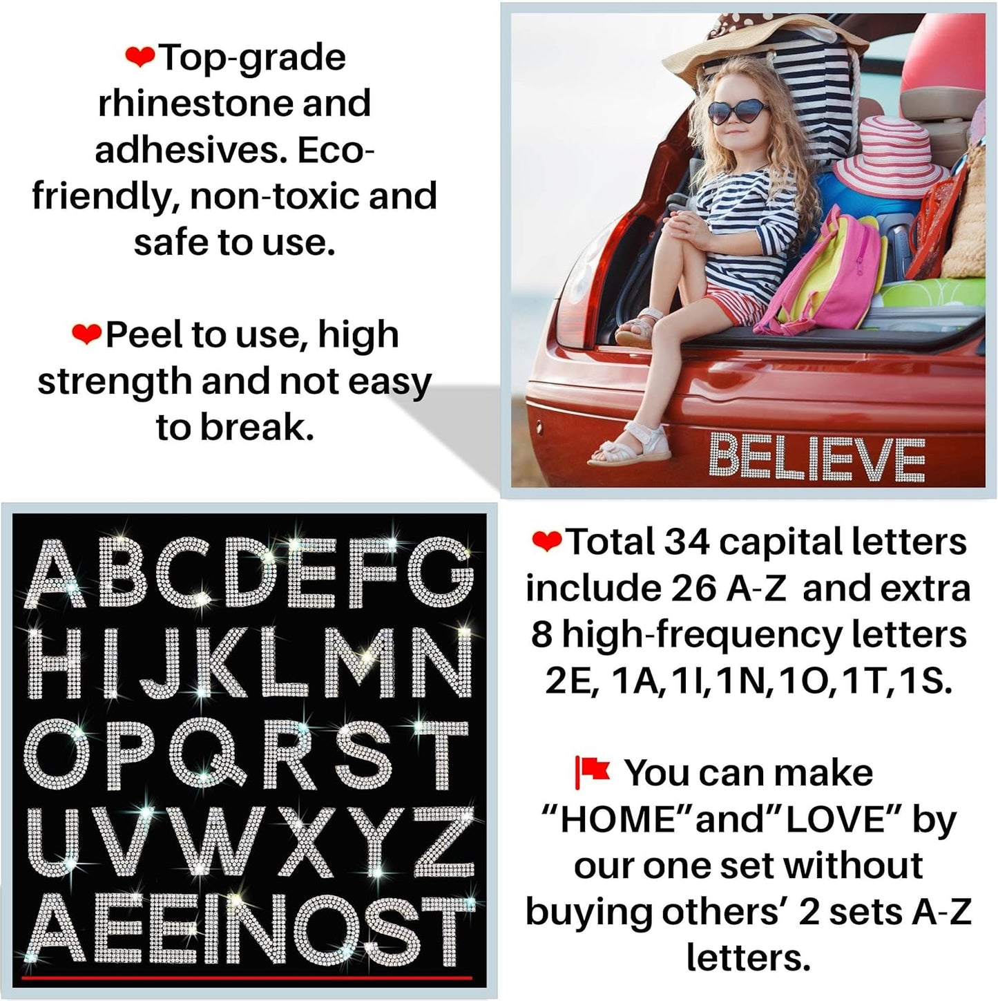 34Pcs Rhinestone Letter Stickers A-Z - White/Silver