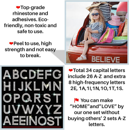 34Pcs Rhinestone Letter Stickers A-Z - White/Silver