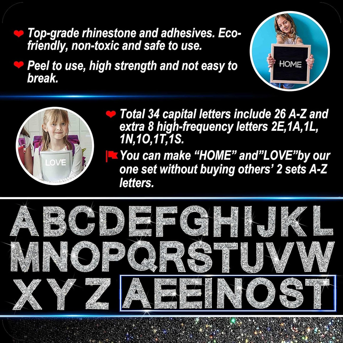 34Pcs Rhinestone Letter Stickers A-Z - Silver+White (2.24")