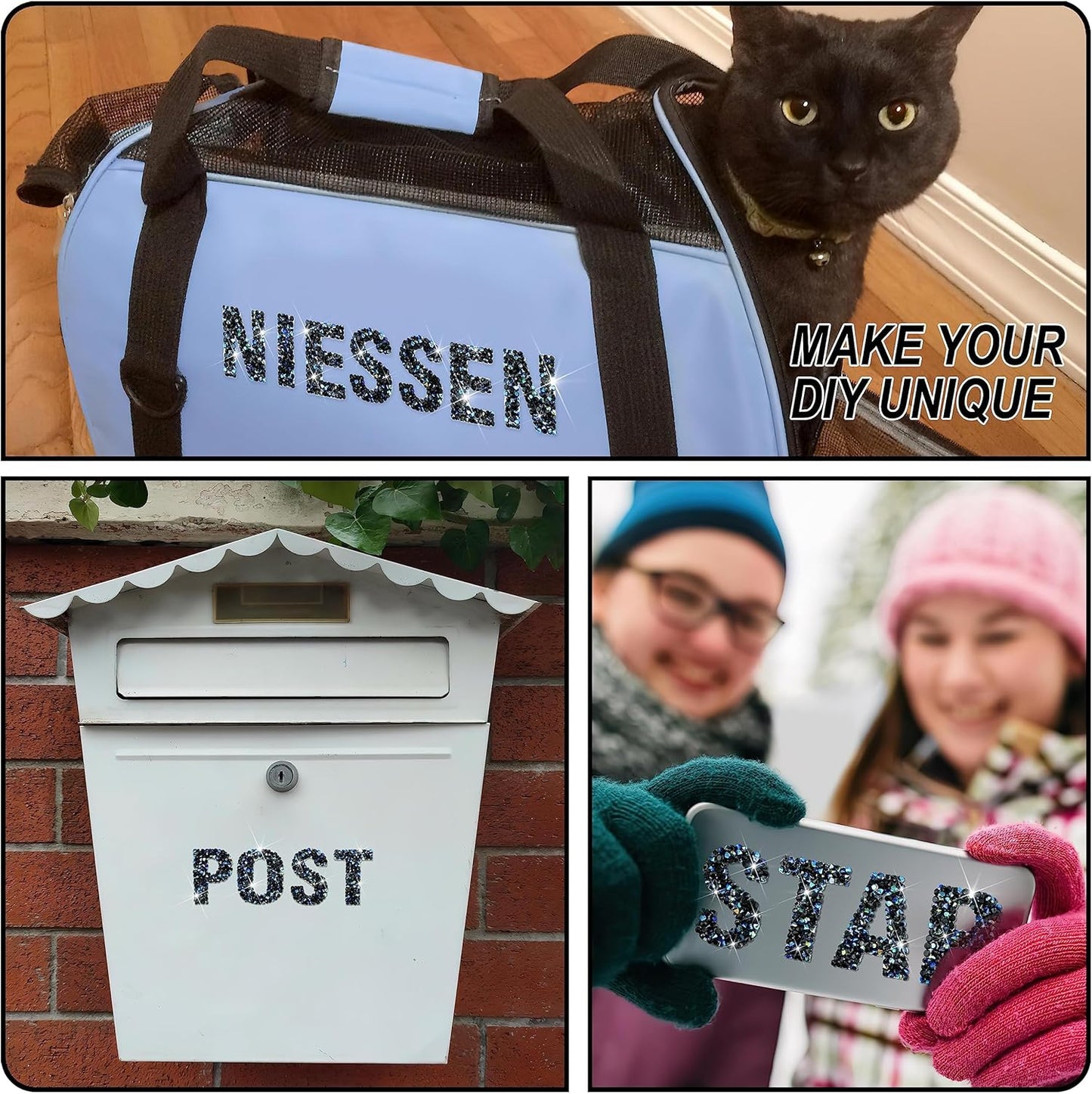 34Pcs Resin Rhinestone Letter Stickers A-Z - Black AB (1.57")