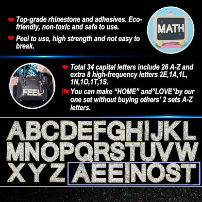 34Pcs Rhinestone Letter Stickers A-Z - Silver+Gold (2.24")