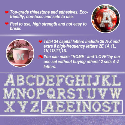 34Pcs Rhinestone Letter Stickers A-Z - Pearl Crystal AB (1.81")