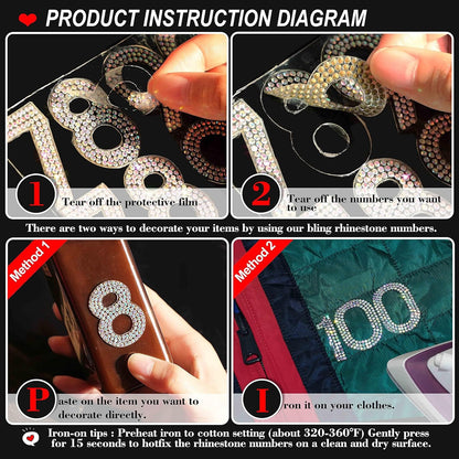40Pcs Rhinestone Number Stickers 0-9 - Crystal AB (1.57")