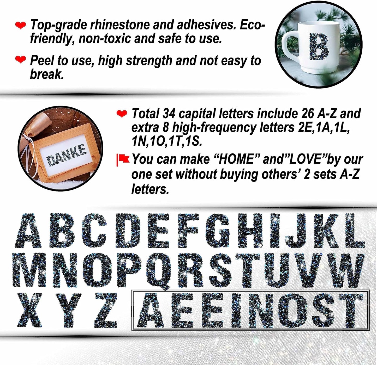 34Pcs Resin Rhinestone Letter Stickers A-Z - Black AB (1.57")