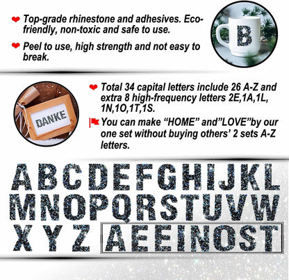 34Pcs Resin Rhinestone Letter Stickers A-Z - Black AB (1.57")