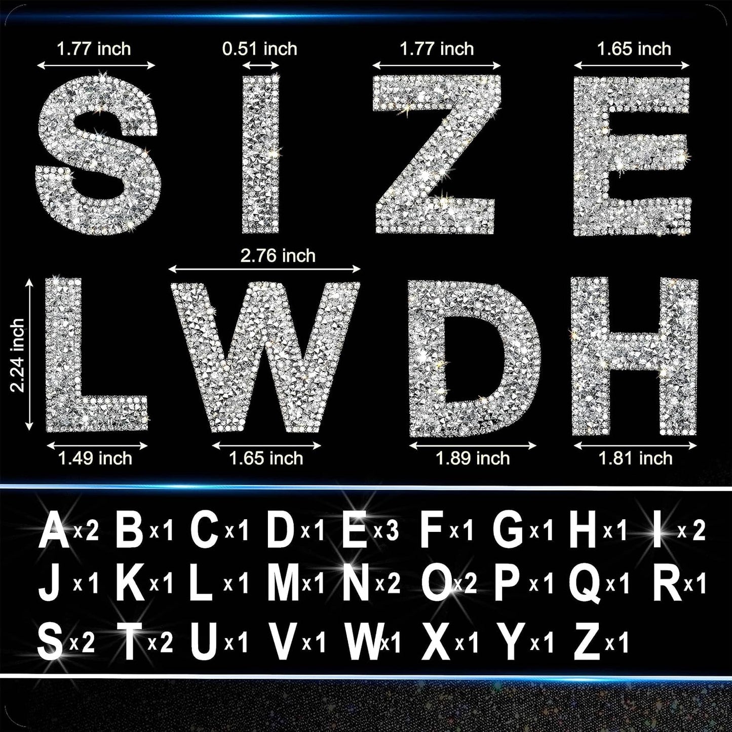 34Pcs Rhinestone Letter Stickers A-Z - Silver+White (2.24")