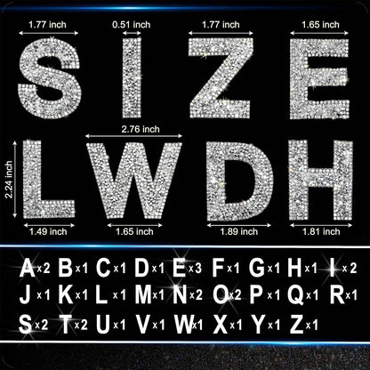 34Pcs Rhinestone Letter Stickers A-Z - Silver+White (2.24")