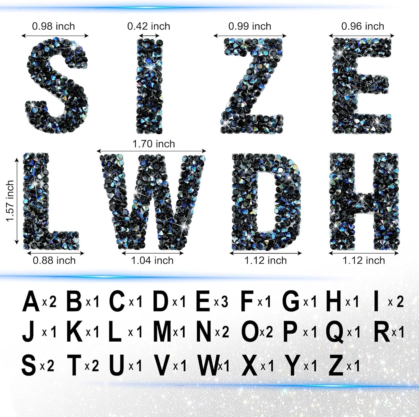 34Pcs Resin Rhinestone Letter Stickers A-Z - Black AB (1.57")