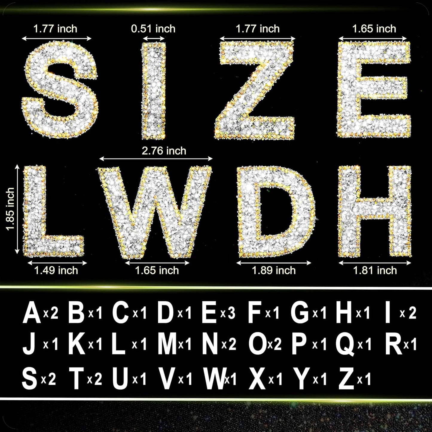 34Pcs Rhinestone Letter Stickers A-Z - Silver+Gold (2.24")