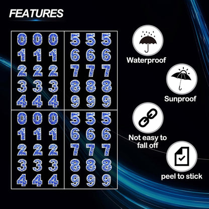 60Pcs Rhinestone Number Stickers 0-9 - Blue+White (1.73")