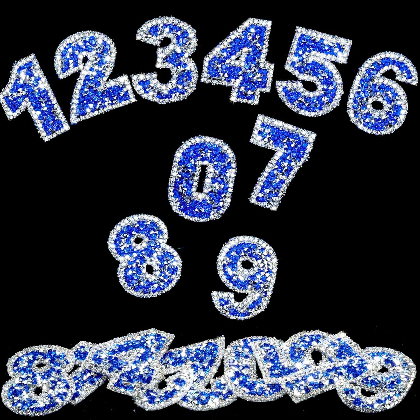 60Pcs Rhinestone Number Stickers 0-9 - Blue+White (1.73")