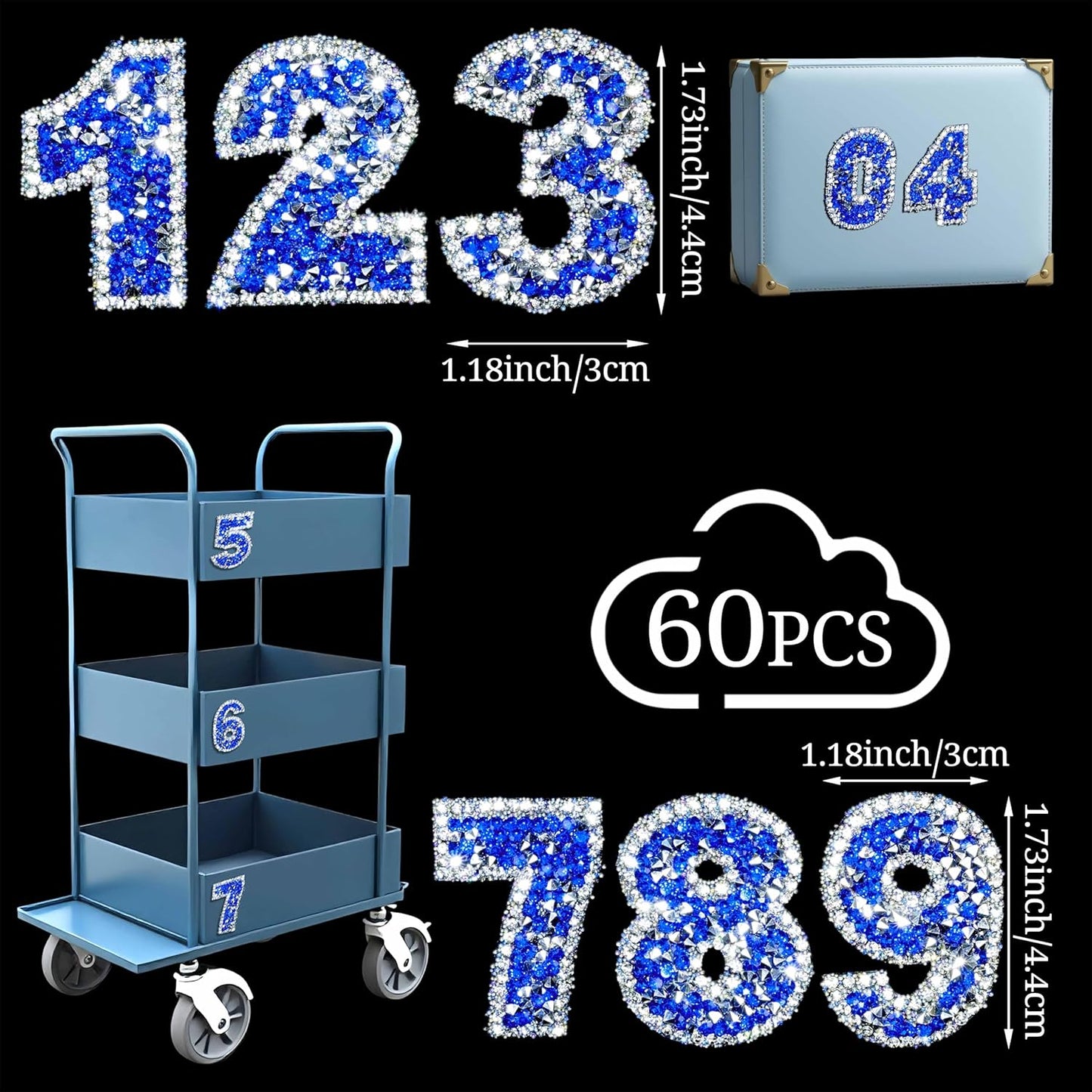 60Pcs Rhinestone Number Stickers 0-9 - Blue+White (1.73")