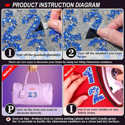 60Pcs Rhinestone Number Stickers 0-9 - Blue+White (1.73")