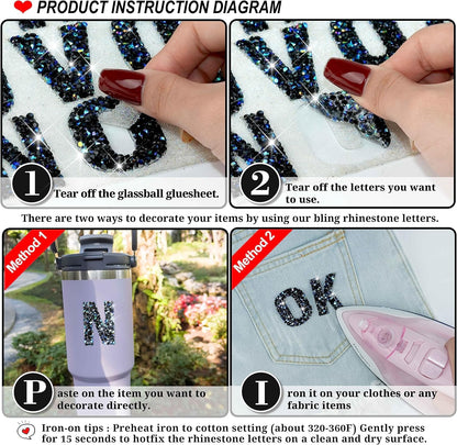 34Pcs Resin Rhinestone Letter Stickers A-Z - Black AB (1.57")