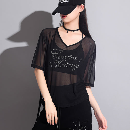 Brigitte crystal mesh top black