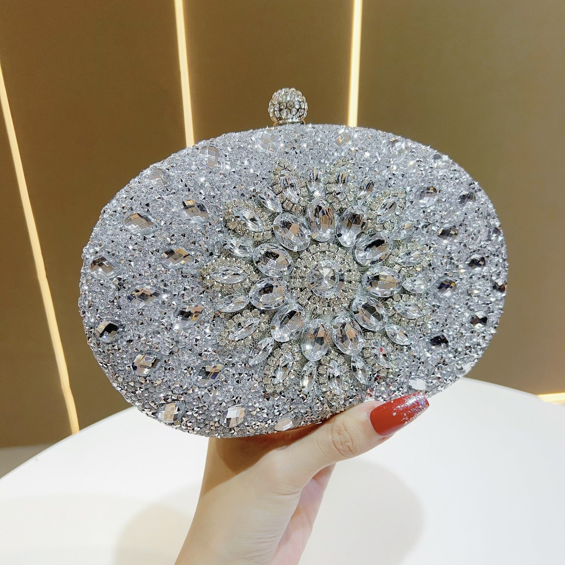 Soleil crystal sunflower clutch in silver