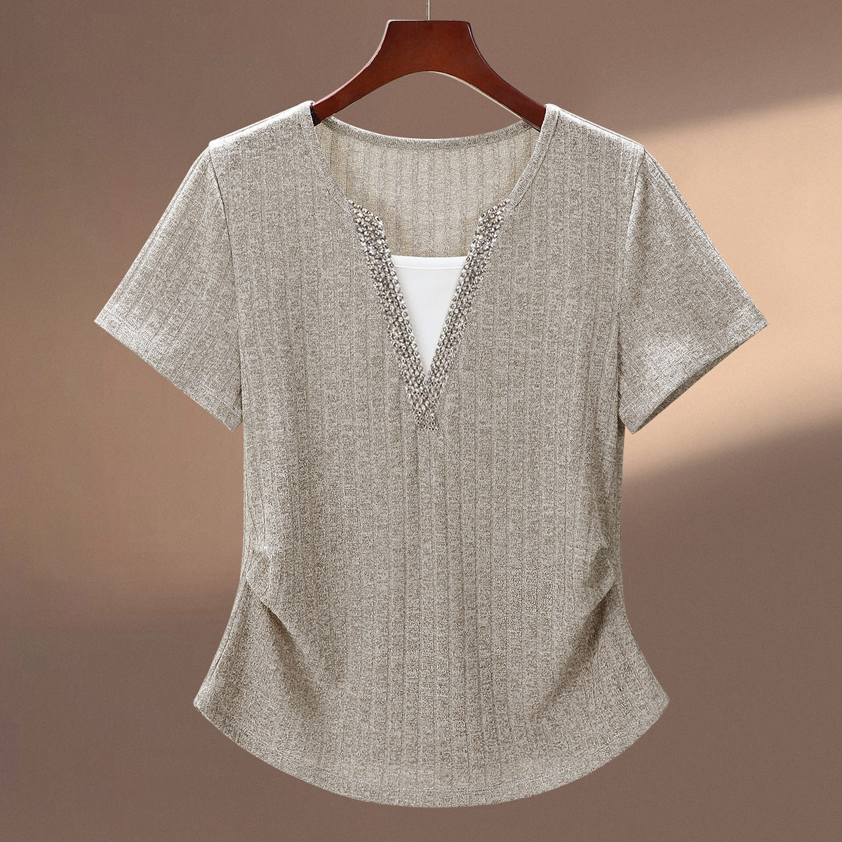 Colette crystal v-neck tee oatmeal