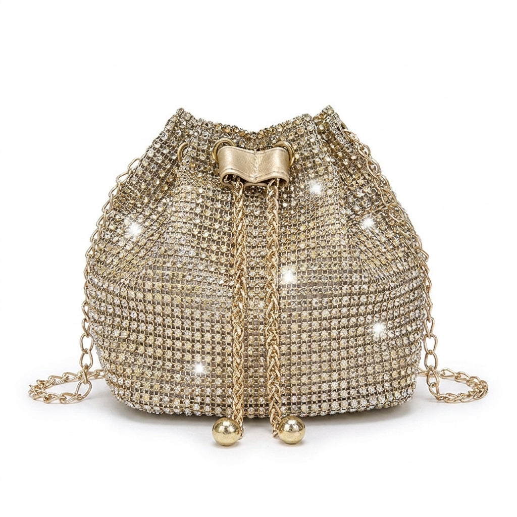 Celeste crystal chain bucket bag on white