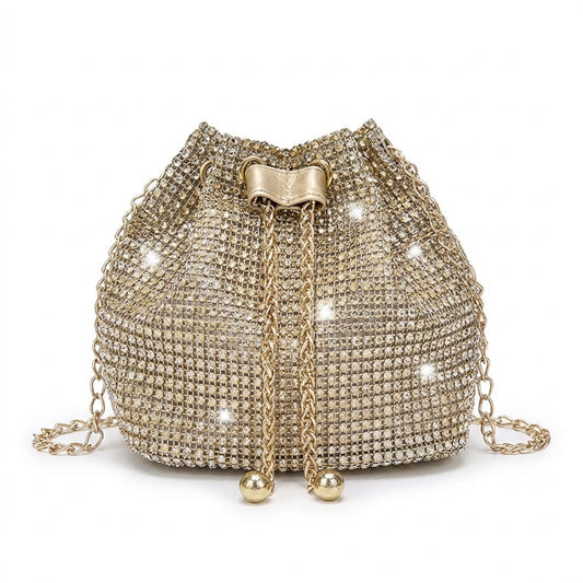 Celeste crystal chain bucket bag on white