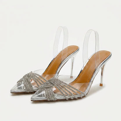 Lumiere clear crystal heeled sandals on white