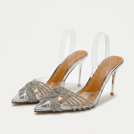 Lumiere clear crystal heeled sandals on white